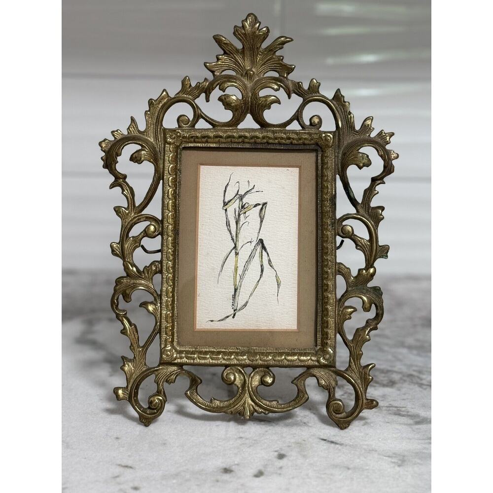 Antique Victorian Heavy Brass Art Nouveau Rectangle Picture Frame Stand